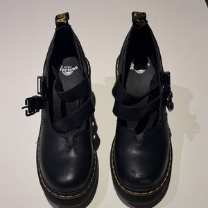 Dr. Martens Black Leather Double-Strap Mary Jane Shoes with Yellow Stitching